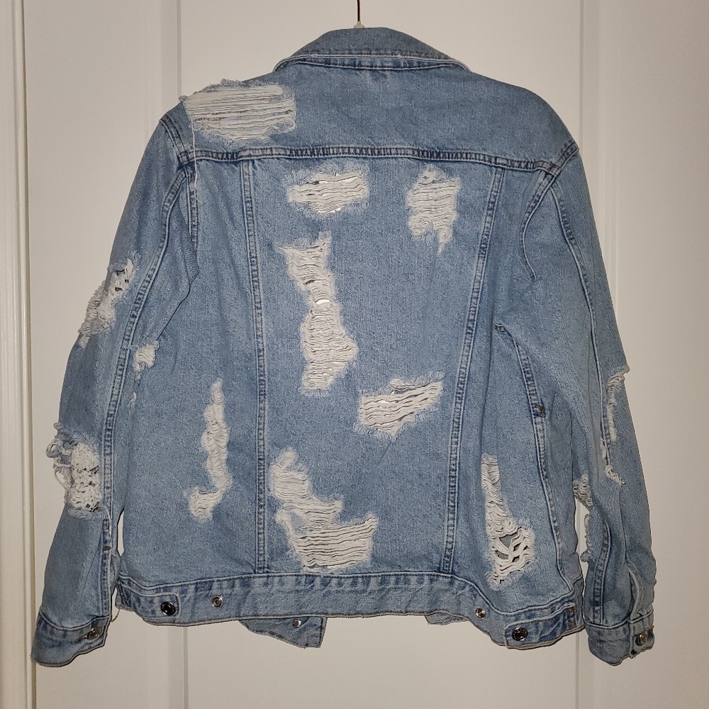 Topshop Moto Distressed Blue Denim Jacket, Oversized 6 - Picture 4 of 8